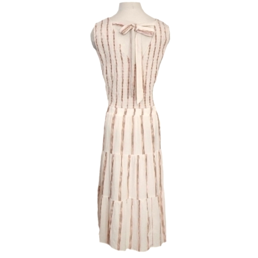 Wonderly Dress Cotton Striped Midi Smocked Bodice & Back Tie Neck Cream Size XL - Picture 13 of 14